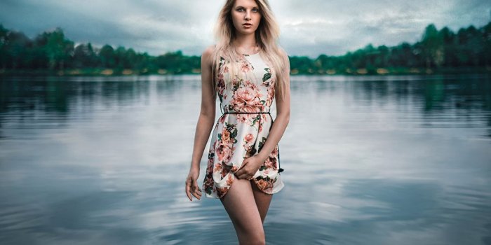 1280x853 Pictures Blonde girl Angy alone on the lake Lods Franck Girls gown