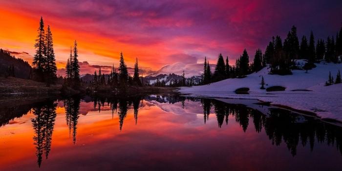 1230x768 lake, Sunset, Mountain, Forest, Sky, Water, Snow, Reflection, Trees