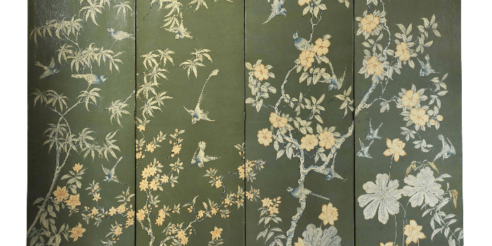4036x4062 Mid Century Wallpaper 4 Panel Hand Painted Chinoiserie Screen