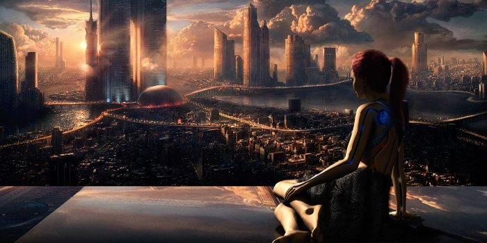 1920x1080 Sci Fi City Sunset Reflection Robot wallpaper 2018 in Cities