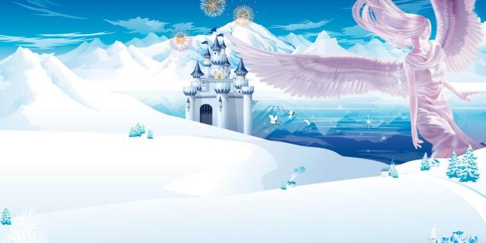 1332x850 Wallpaper winter, mountains, castle, angel, anime images for desktop