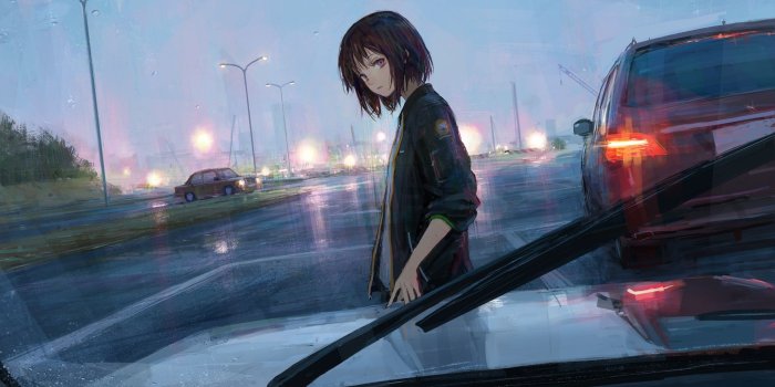 2560x1440 Download 2560x1440 Anime Girl, Cars, Painting, Road, Lights, Short