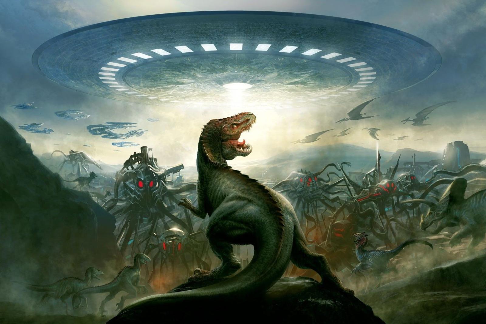 1728x1152 HD wallpaper: dinosaur and alien wallpaper, t-rex and UFO painting