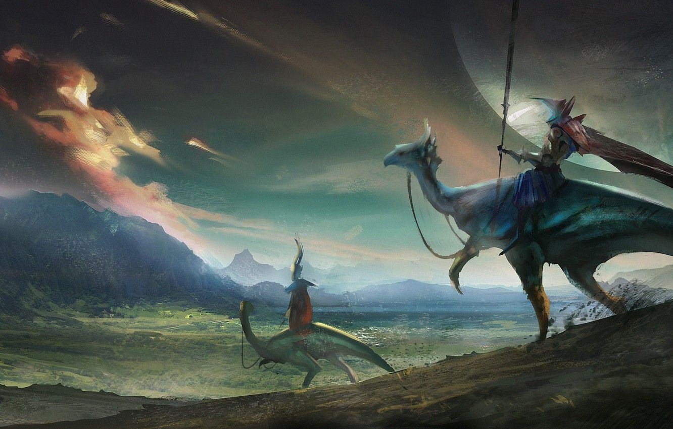 1332x850 Wallpaper the sky, fiction, animal, figure, valley, art, alien