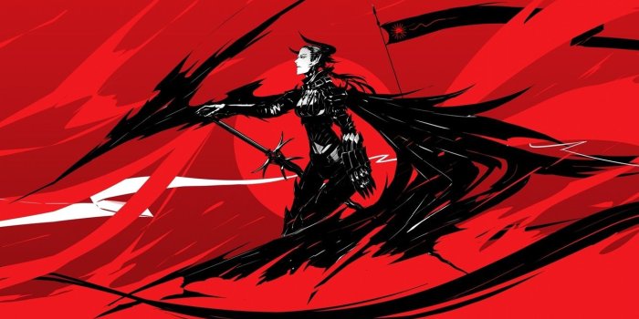 1332x850 Wallpaper girl, red, black, figure, sword, anime, flag, the demon
