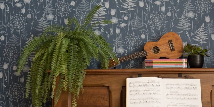 960x1438 Charlotte's Garden wallpaper by Hannah Nunn in inkwell with a piano