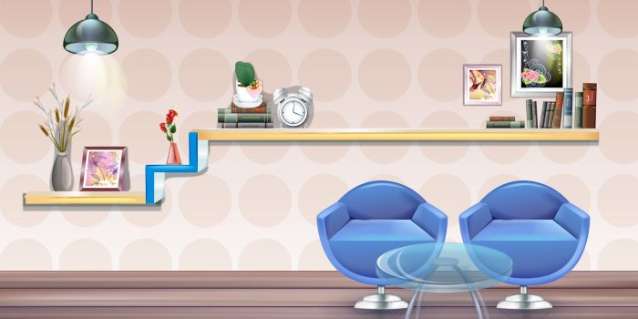 1920x1080 Pink Circle Background And Blue Chairs in Study Room Wallpaper