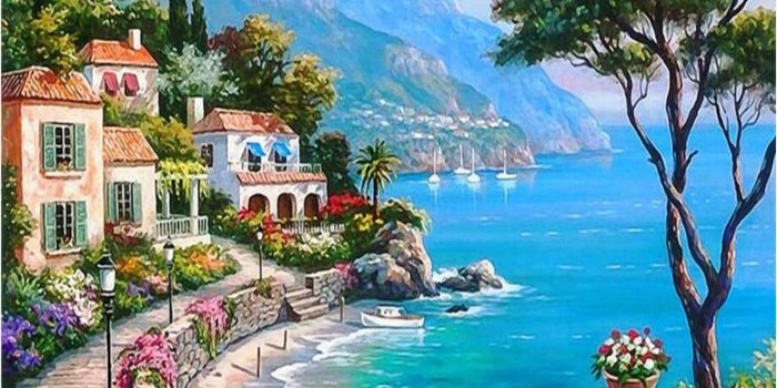 1407x1403 3D-HD Wallpaper Mediterranean Seaside Garden Landscape Oil Painting