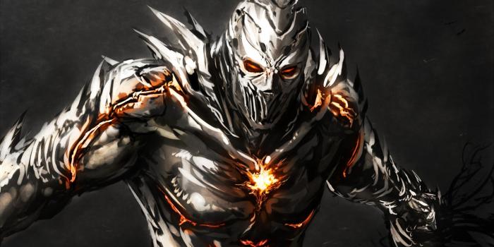 2000x1250 robot, fire, Mecha, Golem, drawings, anime, orange eyes :: Wallpapers