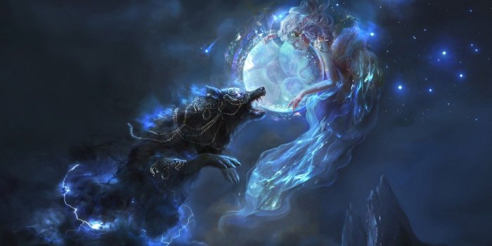 1920x1200 Download 1920x1200 Fantasy Girl, Wolf, Lights, Stars, Magic