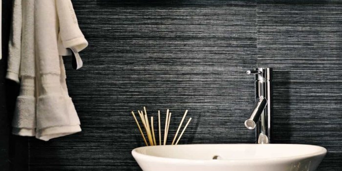 1261x1900 Bathroom With Textured Wallpaper And Vessel Sink - Awesome Textured
