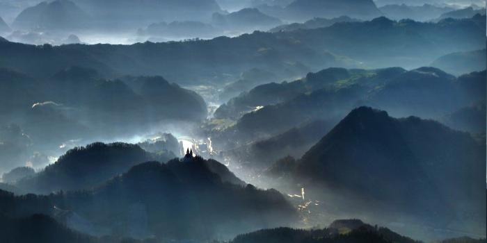 2500x1563 Aerial View blue forest landscape mist mountain nature Sun Rays