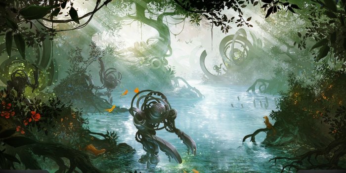 1920x1000 artwork, Fantasy Art, Digital Art, Robot, Jungles, Nature, Automaton