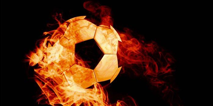 3840x2400 Download wallpaper 3840x2400 ball, fire, football, dark background