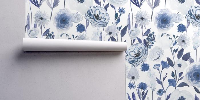1024x1024 Peel-and-Stick Removable Wallpaper Blue Floral Floral Indigo White