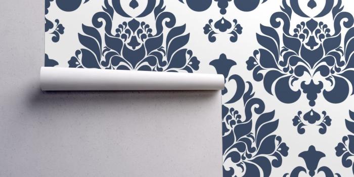 1024x1024 Wallpaper Roll or Sample: Victorian Damask Navy Indigo White Floral Damask