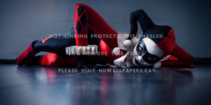1680x1050 harley quinn black cosplay red hat girl