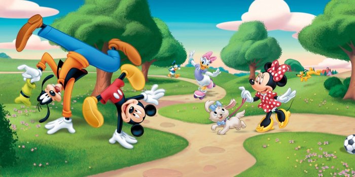 1600x713 Wall mural wallpaper Disney Mickey Mouse Goofy Minnie Daisy at the park  photo 202 x 90 cm / 2.21 yd x 35.43 ''