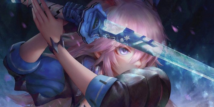 1332x850 Wallpaper girl, sword, pink hair, weapon, anime, purple eyes