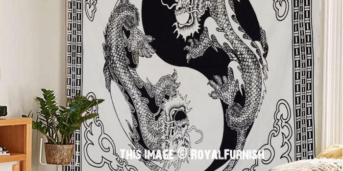 1000x1271 Black and White Yin Yang Chinese Dragon Fly Tapestry Wall Hanging