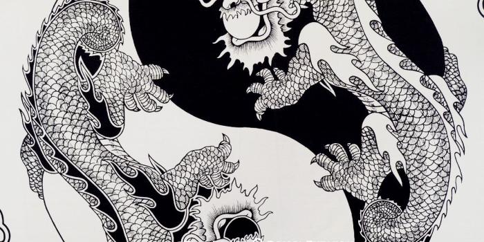 1200x1200 Black and White Yin Yang Chinese Dragon Fly Tapestry Wall Hanging