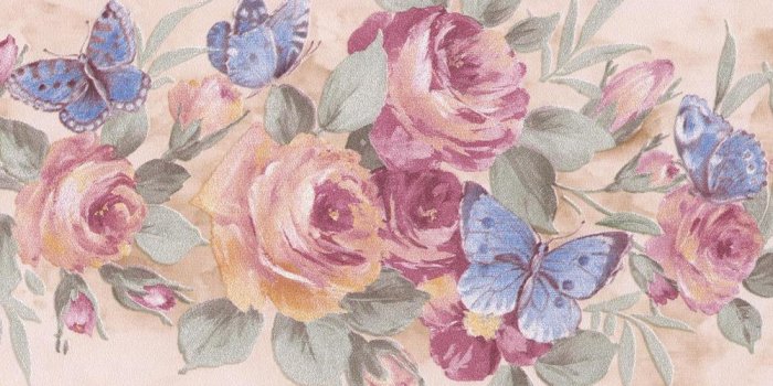 1000x1000 Pink Roses Blue Butterflies Ivory White Prepasted Wallpaper Border