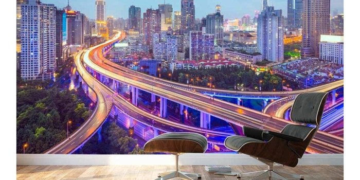 1100x1100 Large Wall Mural Beautiful City Skyline Traffic Lights on Roads and