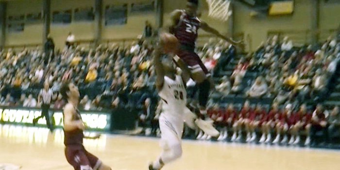 1920x1080 Basketball player blocks shot, slams into backboard