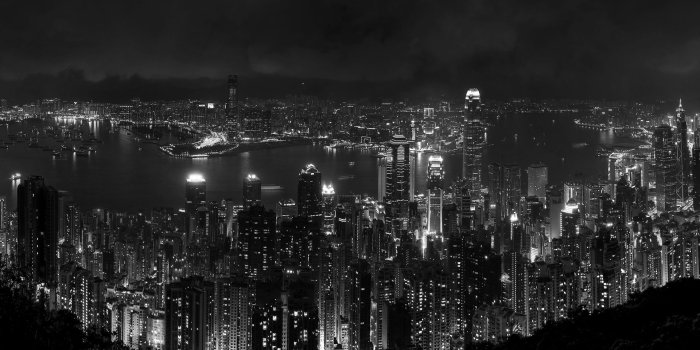 1920x1200 Hong Kong Bay Black And White Night Cityscape Desktop Wallpaper