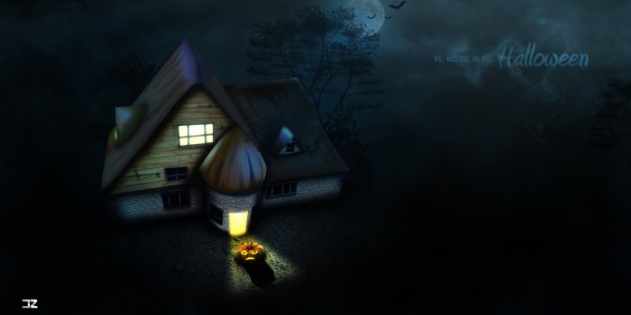 2560x1440 Landscape illustration of house with Halloween text overlay HD