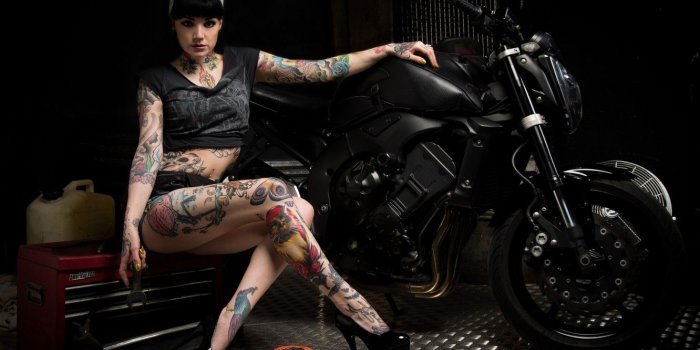 1332x850 Wallpaper woman, motorcycle, tattoos, tools images for desktop