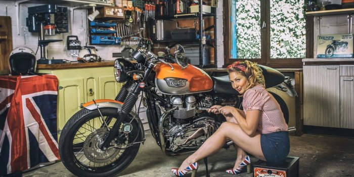 1332x850 Wallpaper woman, garage, motorcycle images for desktop, section