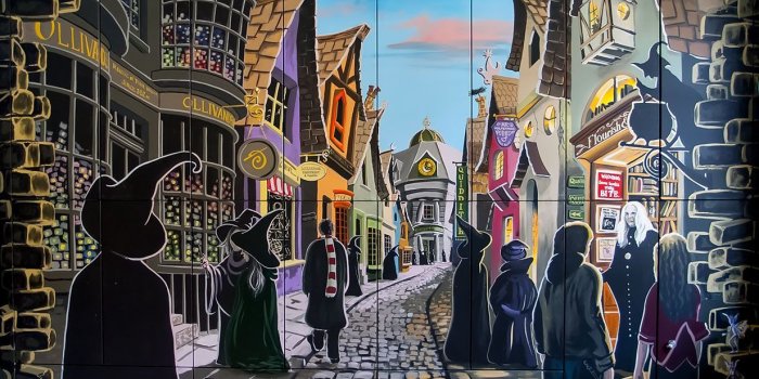 1232x938 Diagon Alley mural detail with Ollivanders wand shop, Flouriish and