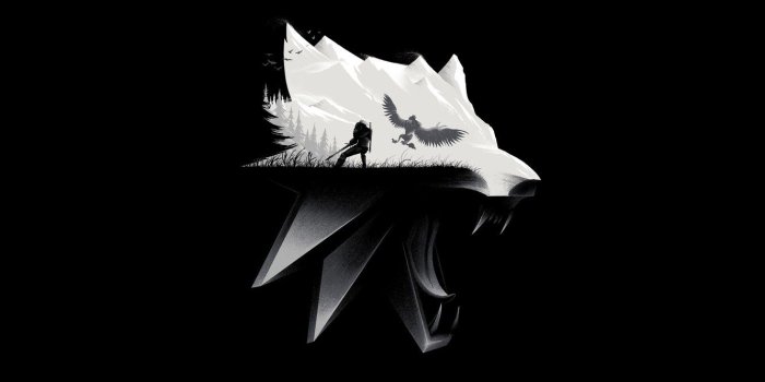 1332x850 Wallpaper mountains, wolf, sword, medallion, fangs, grin, sword
