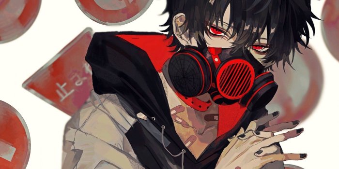 1920x1200 Download 1920x1200 Anime Boy, Gas Mask, Red Eyes, Black Hair, Hoodie