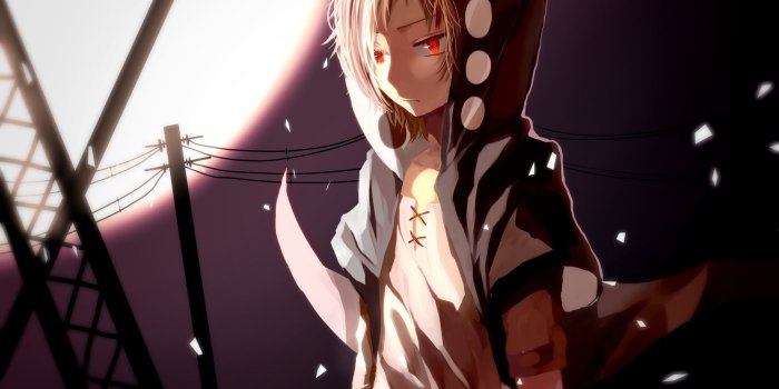 2000x1200 Blonde male character with red eyes in hoodie under moonlight