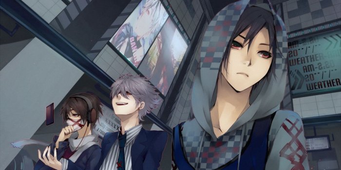 1200x900 all male aoshiki black hair brown hair building city gray hair