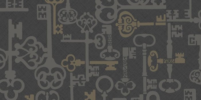 1000x1000 Vintage Key Ebony and Metallic Silver/Gold Traditional Wallpaper