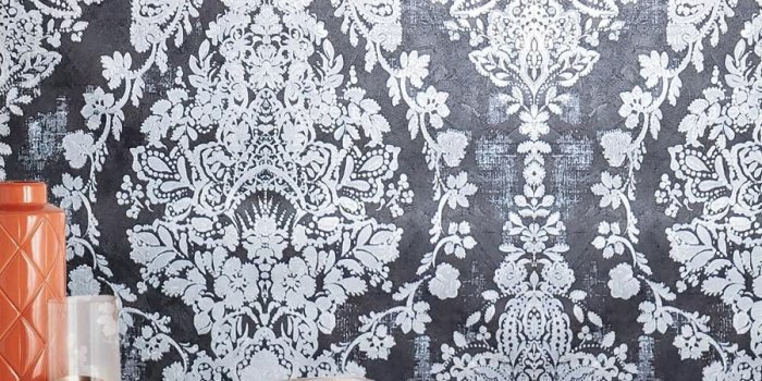 900x900 76007 Textured Wallpaper Black Silver Metallic rust vintage damask