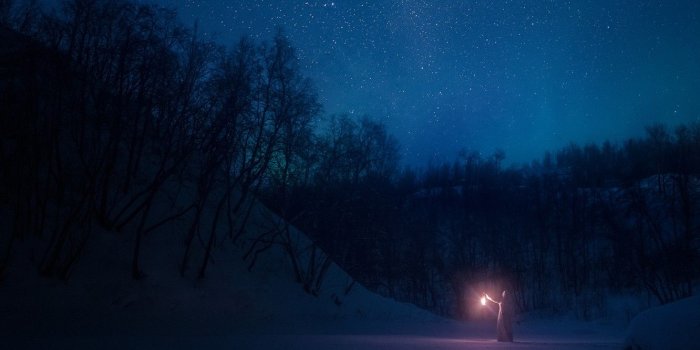 1332x850 Wallpaper winter, forest, girl, stars, snow, night, lantern, the