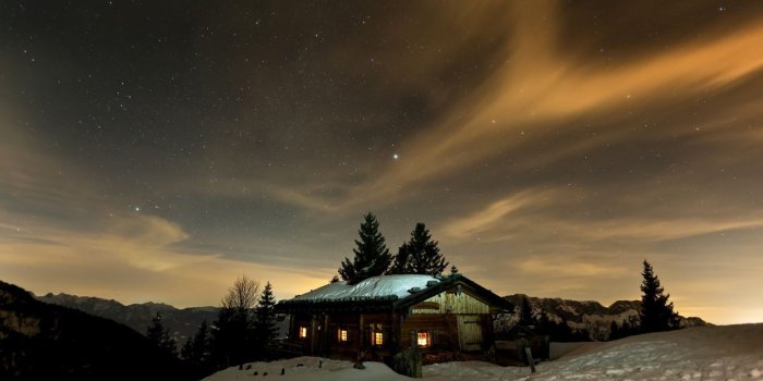 1244x700 Mountains winter night stars skyscapes cottage night sky wallpaper