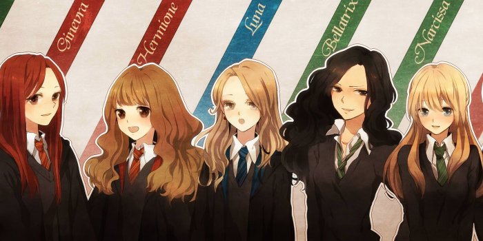 2000x750 Harry Potter girls in anime style: Pansy, Ginny, Hermione, Luna