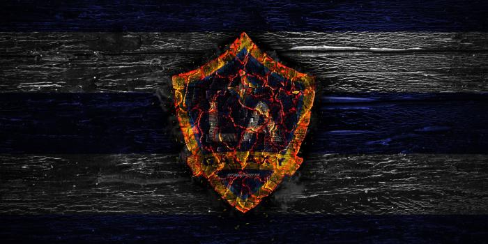 2880x1800 Download wallpapers Los Angeles Galaxy FC, fire logo, MLS, blue and