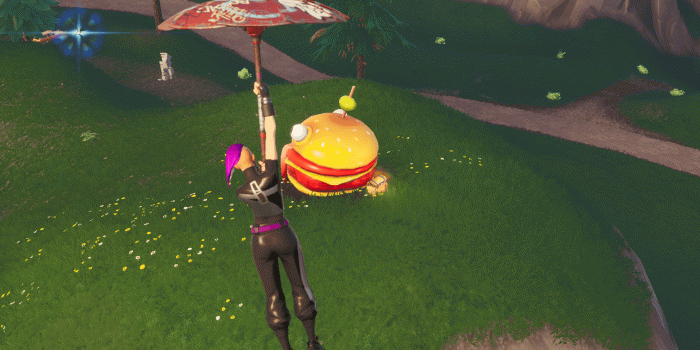 1920x1080 Fortnite painted Durrr Burger head, dinosaur, and stone head statue