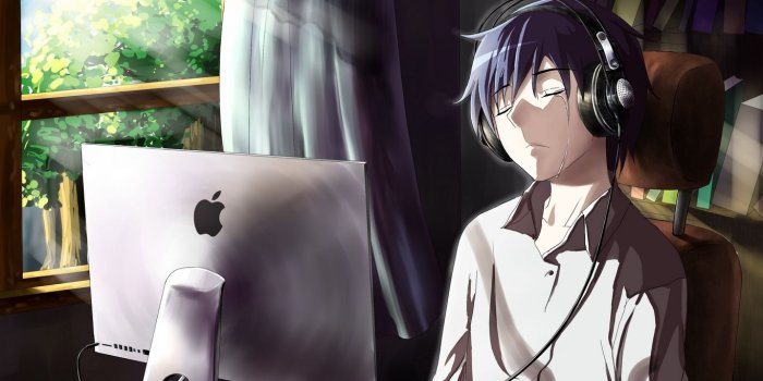 1366x768 Download wallpaper 1366x768 guy, anime, computer, tears, sadness