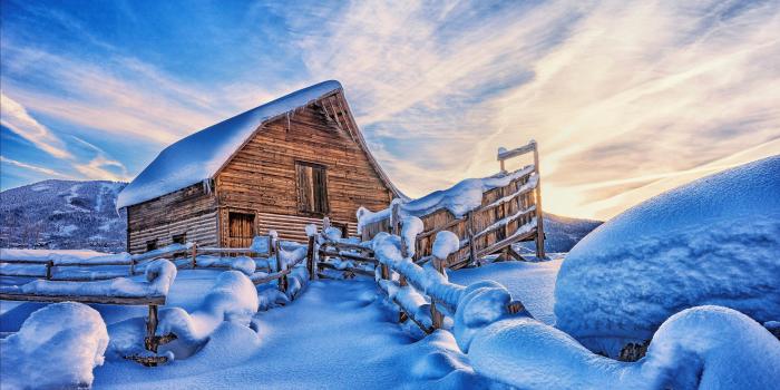 3840x2464 Log Cabin, snow, path, landscape, fence :: Wallpapers