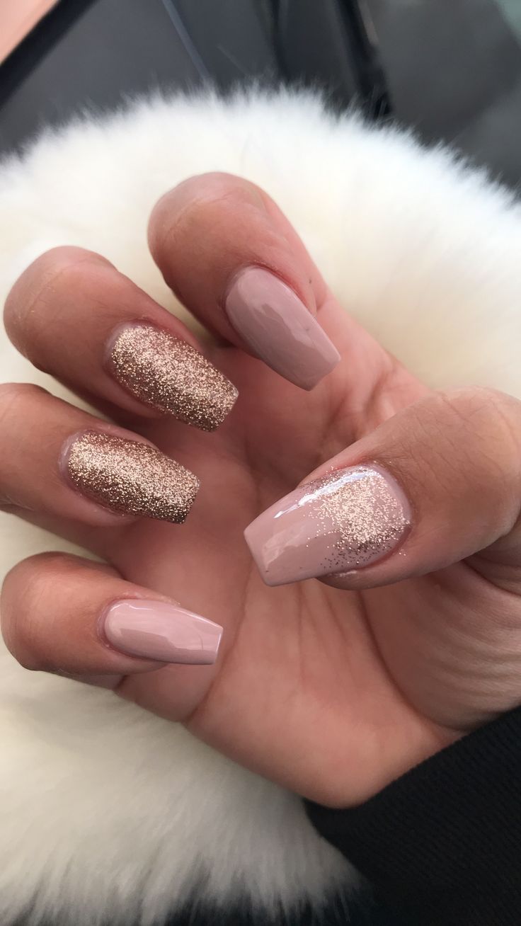 736x1308 Nail Design : Pink Metallic Acrylic Nails With Rose Gold Glitter