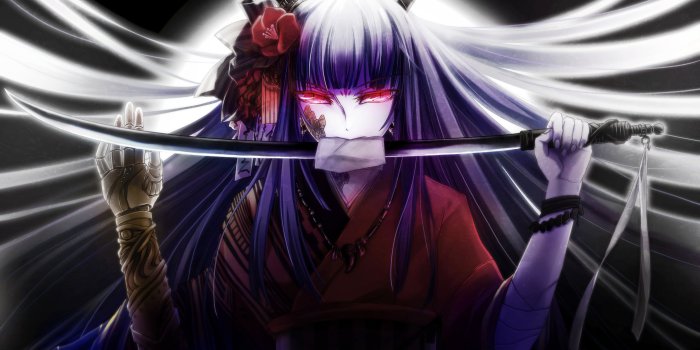 2731x1617 Purple haired demon girl with sword anime character HD wallpaper