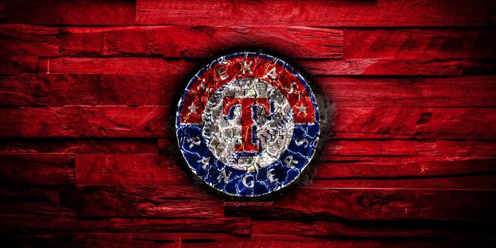 3840x2400 Download wallpapers Texas Rangers, 4k, scorched logo, MLB, red