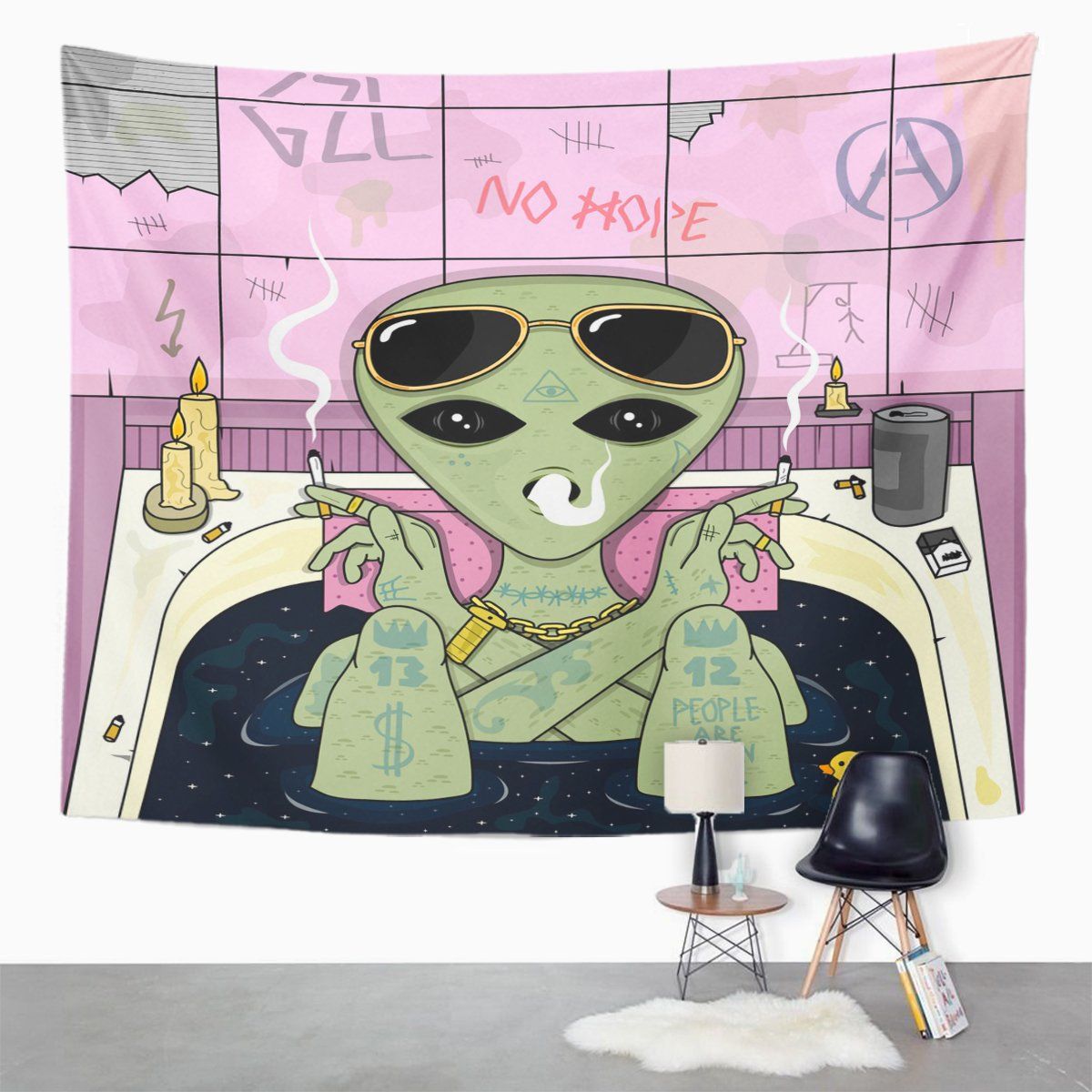 1200x1200 Emvency Tapestry Trippy Alien Smoke and Chill in Bath Cigarette Glasses  Home Decor Wall Hanging for Living Room Bedroom Dorm 60x80 Inches